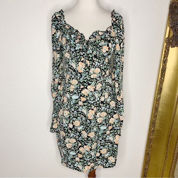 NWT Nasty Gal Apricot Black Floral Long Sleeve Sweetheart Neck Mini Dress Size 6 - Picture 2 of 7